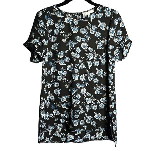 DR2 Black and Blue Floral Short Sleeve Blouse Size XS - Picture 1 of 9